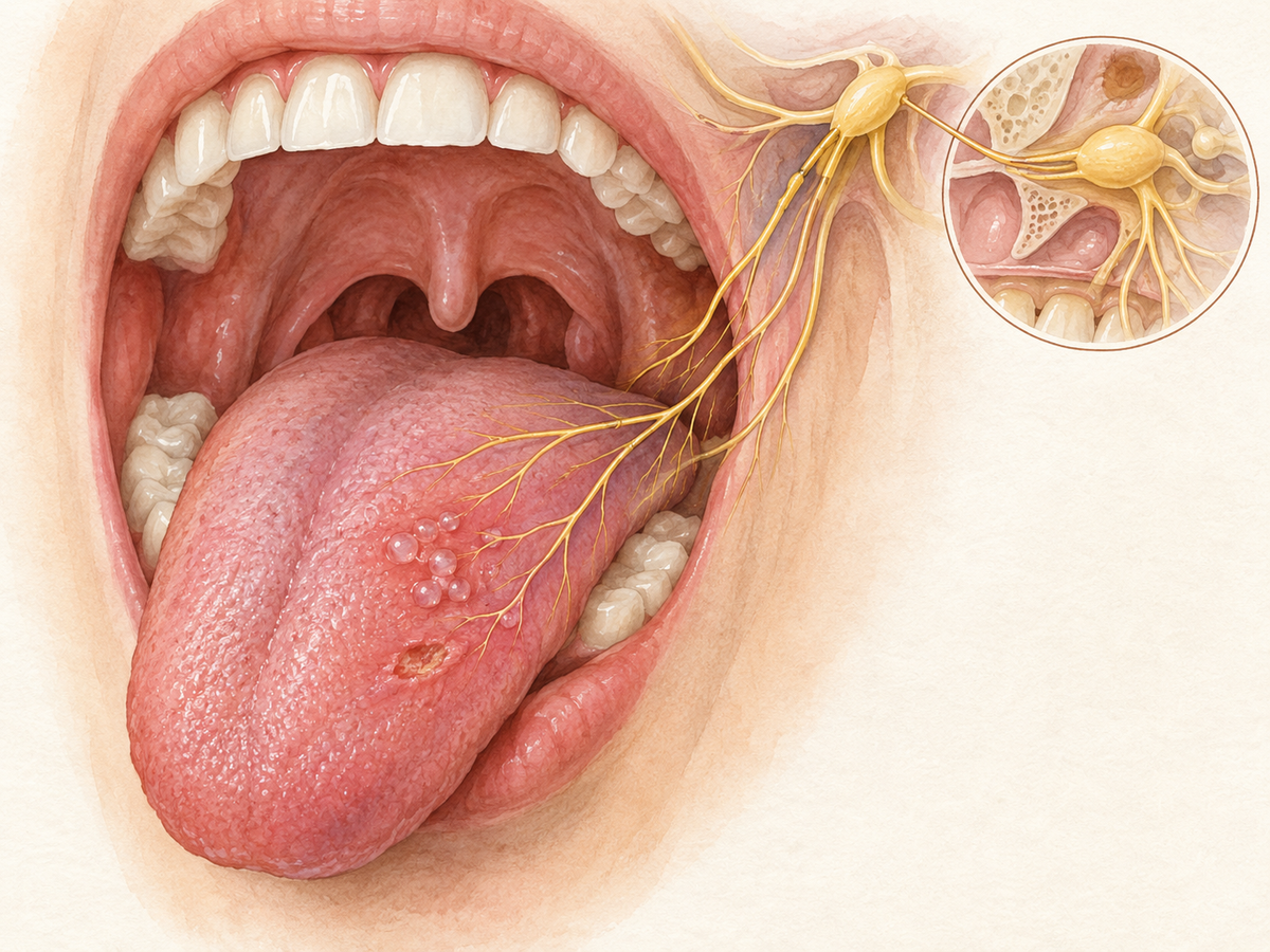 A human tongue with small clustered herpes blisters and a shallow ulcer on its surface; delicate nerve pathways extend toward the trigeminal ganglion, showing how oral herpes affects the tongue and can remain latent.