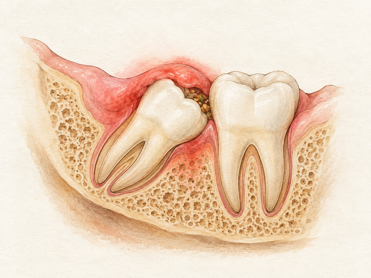 Cross-section of a lower jaw showing a partially erupted wisdom tooth leaning against its neighbor, with a swollen gum flap trapping debris over the crown, showing how impacted third molars cause pain and gum infection.