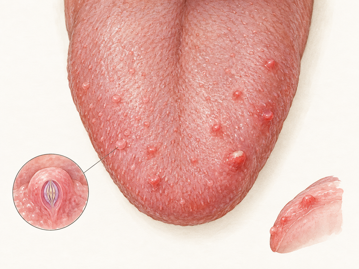 Close-up view of the tongue tip and side edge, where several fungiform papillae are swollen and red, illustrating the tender raised bumps known as lie bumps.